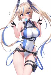 Rule 34 | 1girl, belt, black belt, blonde hair, blue eyes, blue hair, blush, breasts, candy, covered navel, fingerless gloves, food, gloves, hair ornament, hairclip, highleg, highleg leotard, highres, holding, holding candy, holding food, holding lollipop, large breasts, leotard, lollipop, long hair, looking at viewer, morros, mouth hold, multicolored hair, original, solo, thigh strap, twintails, two-tone leotard, v