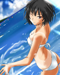 Rule 34 | 1girl, amagami, ass, back, bare shoulders, bikini, black eyes, black hair, blush, bob cut, breasts, cleavage, commentary request, day, from behind, looking at viewer, looking back, medium breasts, murasaki iro, nanasaki ai, one eye closed, revision, short hair, smile, solo, swimsuit, tan, tanline, wading, water, white bikini