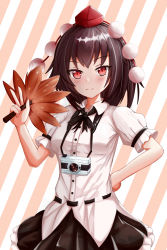 Rule 34 | 1girl, absurdres, black hair, black ribbon, black skirt, blush, breasts, cowboy shot, hand fan, hand on own hip, hat, hauchiwa, highres, holding, holding fan, looking at viewer, medium breasts, miniskirt, neck ribbon, petticoat, pom pom (clothes), puffy short sleeves, puffy sleeves, red eyes, ribbon, shameimaru aya, shirt, short hair, short sleeves, skirt, smile, solo, standing, striped, striped background, tassel, tokin hat, touhou, untucked shirt, white shirt, zui ruo zui qiong wanjia