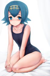Rule 34 | 1girl, bare legs, bare shoulders, barefoot, bed sheet, between legs, black one-piece swimsuit, blue eyes, blue hair, blush, breasts, bright pupils, closed mouth, collarbone, creatures (company), full body, game freak, ginhaha, hairband, hand between legs, hand on own knee, lana (pokemon), looking at viewer, matching hair/eyes, nintendo, on bed, one-piece swimsuit, pokemon, pokemon sm, school swimsuit, seiza, short hair, simple background, sitting, small breasts, smile, solo, swimsuit, trial captain, white background