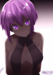 Rule 34 | 1girl, bad id, bad pixiv id, bare shoulders, black leotard, blurry, breasts, center opening, commentary request, dark skin, dark-skinned female, depth of field, fate/prototype, fate/prototype: fragments of blue and silver, fate (series), hairband, hassan of serenity (fate), head tilt, leotard, looking at viewer, medium breasts, purple eyes, purple hair, short hair, smile, solo, upper body, yuuzuki (re&#039;ef)