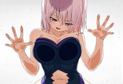 Rule 34 | 1girl, against fourth wall, anime coloring, bare shoulders, breast press, breasts, clothing cutout, fate/grand order, fate (series), gradient background, large breasts, leotard, mash kyrielight, navel, navel cutout, open mouth, pink hair, purple eyes, short hair, simple background, smile, solo, tomato (lsj44867), water drop, wide hips