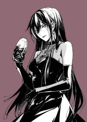 Rule 34 | 1girl, alcohol, bare shoulders, breasts, brown background, copyright request, cup, dress, drinking glass, elbow gloves, gloves, hair between eyes, highres, holding, holding cup, long hair, looking at viewer, medium breasts, mochizuki shiina, parted lips, simple background, sleeveless, sleeveless dress, solo, very long hair, wine, wine glass, yellow eyes