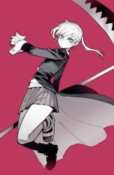 Rule 34 | 1girl, boots, coat, full body, gloves, highres, long coat, looking at viewer, maka albarn, monochrome, ratatatat74, red background, scythe, shoes, simple background, skirt, soul eater, twintails