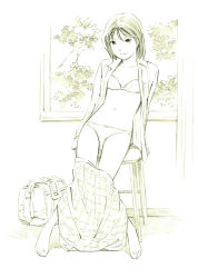 Rule 34 | 1girl, barefoot, bra, dress shirt, monochrome, original, panties, shirt, short hair, sketch, solo, traditional media, underwear, yoshitomi akihito