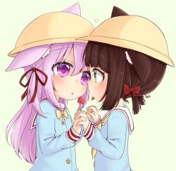 Rule 34 | 2girls, animal ears, azur lane, bad id, bad pixiv id, blue shirt, blush, bow, bowtie, brown hair, candy, cat ears, commentary request, ears through headwear, eye contact, food, green background, green eyes, hair between eyes, hair bow, hair ribbon, hat, holding, holding candy, holding food, holding hands, holding lollipop, interlocked fingers, kindergarten uniform, kisaragi (azur lane), lollipop, long sleeves, looking at another, low twintails, multiple girls, mutsuki (azur lane), neckerchief, parted lips, pink hair, purple eyes, red bow, red ribbon, reo (re2kn), ribbon, sailor collar, saliva, saliva trail, school hat, shirt, short hair, short twintails, sidelocks, simple background, tongue, tongue out, twintails, two side up, upper body, white sailor collar, yellow hat, yellow neckwear, yuri