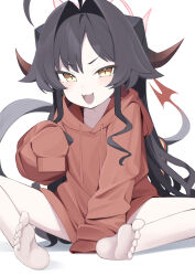 Rule 34 | 1girl, :d, absurdres, adapted costume, ahoge, barefoot, black hair, black horns, black tail, blue archive, blush, demon horns, hair intakes, halo, highres, hood, hood down, hoodie, horns, kasumi (blue archive), long hair, looking at viewer, open mouth, red halo, red hoodie, rotroto, simple background, sleeves past fingers, sleeves past wrists, smile, soles, solo, toes, white background, yellow eyes