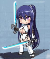 Rule 34 | 1girl, akiyama rinko, animated, animated gif, bare shoulders, blue hair, blush, bodysuit, boots, bouncing breasts, breasts, chibi, cleavage, cleavage cutout, clothing cutout, full body, gloves, high ponytail, holding, holding sword, holding weapon, large breasts, lilith-soft, long hair, looking to the side, lowres, panties, ponytail, purple eyes, side-tie panties, simple background, smile, standing, sword, taimanin (series), taimanin rpgx, taimanin yukikaze, thong, underwear, very long hair, weapon