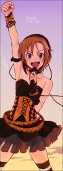 Rule 34 | 1girl, argyle, arm up, armlet, armpits, bare shoulders, belt, blush, bracelet, brown hair, cable, choker, clenched hand, cloud, commentary request, cowboy shot, cuffs, dress, green eyes, handcuffs, headphones, highres, holding, holding microphone, idolmaster, idolmaster cinderella girls, jewelry, looking at viewer, lyrics, microphone, multiple belts, music, open mouth, short hair, singing, sky, sleeveless, sleeveless dress, solo, star (sky), strapless, strapless dress, striped clothes, striped thighhighs, syouyumochi33, tada riina, thighhighs, translation request, twilight, v-shaped eyebrows