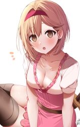 Rule 34 | 1girl, :o, black thighhighs, blonde hair, blush, breasts, brown eyes, cleavage, collarbone, djeeta (granblue fantasy), frilled shirt, frills, granblue fantasy, hair between eyes, hairband, looking at viewer, medium breasts, notice lines, omuretsu, open mouth, pink skirt, puffy short sleeves, puffy sleeves, red hairband, shirt, short sleeves, signature, simple background, skirt, solo, thighhighs, white background, white shirt