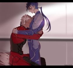 Rule 34 | 2boys, archer (fate), armor, blue hair, blush, comforting, cu chulainn (fate), cu chulainn (fate/stay night), dark-skinned male, dark skin, earrings, face to pecs, fate/grand order, fate (series), head on chest, jacket, jewelry, letterboxed, long hair, male focus, multiple boys, namahamu (hmhm 81), pauldrons, ponytail, red eyes, red jacket, shoulder armor, sitting, white hair, yaoi