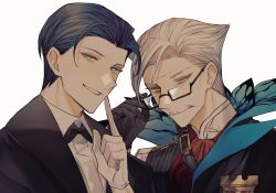 Rule 34 | 2boys, adjusting eyewear, albino (a1b1n0623), bad id, bad twitter id, black hair, blue eyes, bow, bowtie, bug, butterfly, collared shirt, facial hair, fate/grand order, fate (series), finger to mouth, formal, glasses, gloves, green eyes, grey hair, highres, insect, james moriarty (archer) (fate), long sleeves, looking at viewer, male focus, multiple boys, mustache, sherlock shellingford, shirt, shushing, smile, upper body, vest