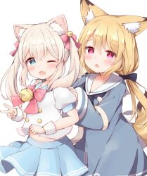 Rule 34 | 2girls, ;d, animal ears, bell, blonde hair, blue bow, blue dress, blue sailor collar, blue skirt, blush, bow, cat ears, cat girl, cat tail, commentary request, dress, fang, fox ears, fox girl, fox tail, hair bell, hair between eyes, hair bow, hair ornament, hands on another&#039;s shoulders, jingle bell, long hair, looking at viewer, low twintails, midriff peek, multiple girls, navel, neck bell, one eye closed, open mouth, original, pink bow, pleated skirt, puffy short sleeves, puffy sleeves, purple eyes, sailor collar, sailor dress, school uniform, serafuku, shirt, short sleeves, simple background, skirt, sleeves past wrists, smile, tail, tutsucha illust, twintails, very long hair, white background, white sailor collar, white shirt, wide sleeves