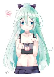Rule 34 | 10s, 1girl, alternate costume, aqua hair, artist name, bare arms, bare shoulders, blue eyes, blush, breasts, cat lingerie, cleavage, cleavage cutout, clothing cutout, collarbone, cropped legs, hair between eyes, hair ribbon, highres, kantai collection, lauryl, long hair, looking away, meme attire, navel, paw pose, pleated skirt, purple ribbon, ribbon, simple background, skirt, solo, squiggle, twitter username, white background, yamakaze (kancolle)