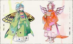 Rule 34 | 2girls, alternate costume, animal ears, antennae, baggy pants, bird ears, bird wings, branch, butterfly ring, character name, closed eyes, closed mouth, commentary, eternity larva, fingernails, full body, garnetelegy, green shirt, grin, highres, long sleeves, looking at viewer, multiple girls, mystia lorelei, orange hair, orange shirt, pants, pants tucked in, pink hair, sharp fingernails, shirt, short hair, sleeves past wrists, smile, tiara, touhou, traditional clothes, translation request, white pants, wide sleeves, wings