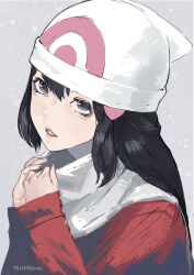 Rule 34 | 1girl, absurdres, beanie, black hair, blue eyes, creatures (company), dawn (pokemon), game freak, hair ornament, hairclip, hat, highres, long hair, looking at viewer, nintendo, pokemon, reon (98109reon), scarf, simple background, solo, white background