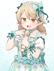 Rule 34 | 1girl, :d, bad id, bad pixiv id, bare shoulders, blush, bow, brown eyes, brown hair, collarbone, commentary request, frilled hairband, frills, green bow, green hairband, green shirt, hair between eyes, hair bow, hairband, hands up, holding, holding microphone, idolmaster, idolmaster cinderella girls, long hair, microphone, morikubo nono, open mouth, puffy short sleeves, puffy sleeves, ringlets, shirt, short sleeves, skirt, sleeveless, sleeveless shirt, smile, solo, uccow, white sleeves, wrist cuffs
