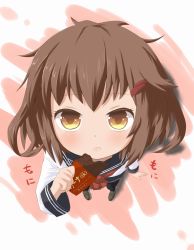 Rule 34 | 10s, 1girl, :t, brown eyes, brown hair, chocolate, commentary request, foreshortening, from above, hair ornament, hairclip, highres, ikazuchi (kancolle), kantai collection, looking at viewer, looking up, maromi gou, neckerchief, school uniform, serafuku, short hair, solo, text focus, translation request