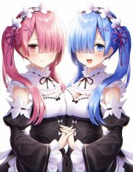 Rule 34 | 2girls, :d, alternate hairstyle, bare shoulders, black dress, blue eyes, blue hair, blush, breasts, cleavage, commentary request, detached sleeves, dress, female focus, frilled sleeves, frills, hair ornament, hair over one eye, holding hands, interlocked fingers, juliet sleeves, long hair, long sleeves, looking at viewer, matching hair/eyes, multiple girls, navy (navy.blue), open mouth, pink eyes, pink hair, puffy sleeves, ram (re:zero), re:zero kara hajimeru isekai seikatsu, rem (re:zero), siblings, simple background, sisters, smile, twins, twintails, upper body, white background, wide sleeves, x hair ornament