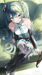 Rule 34 | 1girl, aqua eyes, aqua hair, aqua necktie, arm tattoo, black thighhighs, couch, detached sleeves, from above, full body, hatsune miku, high heels, highres, indoors, looking at viewer, necktie, number tattoo, open mouth, shirt, shirubaa, sitting, solo, tattoo, thighhighs, twintails, vocaloid, white shirt