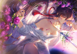 Rule 34 | 1girl, arm up, bare shoulders, bathrobe, bed sheet, bow, breasts, brown hair, cleavage, closed mouth, collarbone, commentary request, flat chest, flower, foreshortening, hair ribbon, highres, long hair, long sleeves, low ponytail, lying, mashuu (neko no oyashiro), off shoulder, on back, on bed, original, pelvic curtain, pink flower, planted sword, planted, red eyes, red ribbon, ribbon, sash, serious, signature, small breasts, solo, sword, tassel, weapon, white bow