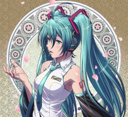 Rule 34 | 1girl, ahoge, armpits, bare shoulders, blush, detached sleeves, fingernails, hair between eyes, hair ornament, hatsune miku, hatsune miku (vocaloid3), headphones, highres, long hair, moto7927, nail polish, necktie, open mouth, revision, simple background, solo, twintails, upper body, very long hair, vocaloid