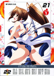 Rule 34 | 1girl, ass, bare shoulders, blush, breasts, brown eyes, brown hair, fatal fury, hand fan, highres, holding, izumi mahiru, large breasts, long hair, looking at viewer, looking back, ninja, non-web source, official art, open mouth, ponytail, queen&#039;s blade, queen&#039;s gate, revealing clothes, scan, shiranui mai, simple background, solo, the king of fighters, torn clothes