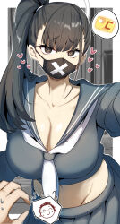 Rule 34 | 1boy, 1girl, doodle sensei (blue archive), black eyes, black hair, black mask, blue archive, border, breasts, cleavage, collarbone, covered mouth, crop top, flying sweatdrops, furrowed brow, gin moku, grey serafuku, groin, heart, highres, large breasts, long hair, looking at viewer, mask, midriff, mouth mask, navel, neckerchief, outside border, pleated skirt, pov, pov hands, school uniform, sensei (blue archive), serafuku, side ponytail, skirt, solo focus, speech bubble, spoken character, spoken object, sukeban (smg) (blue archive), sweatdrop, upper body, white border, white neckerchief
