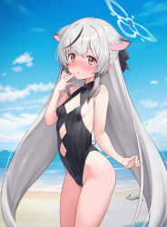 Rule 34 | 1girl, :o, adapted costume, animal ear fluff, animal ears, bare shoulders, beach, black hair, black one-piece swimsuit, black ribbon, blue archive, blue sky, blush, breasts, bubble, casual one-piece swimsuit, cloud, commentary request, cowboy shot, day, diamond cutout, fubuki rinne, grey hair, hair ribbon, halo, highres, horizon, kokona (blue archive), long hair, looking at viewer, multicolored hair, ocean, one-piece swimsuit, orange eyes, outdoors, parted lips, ribbon, seashell, shell, shore, sky, small breasts, solo, streaked hair, striped clothes, striped one-piece swimsuit, swimsuit, tiger ears, vertical-striped clothes, vertical-striped one-piece swimsuit, very long hair, water