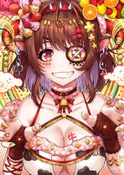 Rule 34 | 1girl, animal ears, bell, breasts, brown hair, cleavage, earrings, eyepatch, food, fruit, hair ornament, hairclip, hands up, highres, horns, jewelry, large breasts, lemon, looking at viewer, medium hair, mole, mole under eye, nail polish, neck bell, orange (fruit), original, parted lips, red eyes, red horns, sakiyamama, shadow, smile, solo, strawberry, upper body