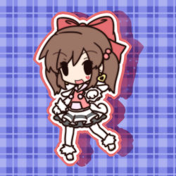 Rule 34 | 0 0, 1girl, :d, bad id, bad pixiv id, bow, brown hair, character request, earrings, fushigi ebi, hair bobbles, hair bow, hair ornament, heart, jewelry, latale, open mouth, outline, plaid, plaid background, shadow, single earring, skirt, smile, solid oval eyes, solo