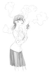 Rule 34 | 1girl, breasts, electronic cigarette, greyscale, highres, kotoyama, looking at viewer, medium hair, monochrome, original, simple background, smoking, solo, white background