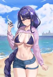 Rule 34 | 1girl, absurdres, alternate costume, arm at side, beach, bikini, bikini top only, blue sky, blush, braid, breasts, clothing cutout, cloud, cloudy sky, commentary, contemporary, day, drink, flower, genshin impact, hair flower, hair ornament, highres, holding, holding drink, judynoboken, large breasts, legs together, long hair, long sleeves, low-braided long hair, low-tied long hair, mole, mole under eye, navel, ocean, outdoors, purple bikini, purple hair, raiden shogun, revealing clothes, sand, ship, short shorts, shorts, single braid, sky, smile, solo, standing, stomach, swimsuit, thigh cutout, very long hair, watercraft, wet
