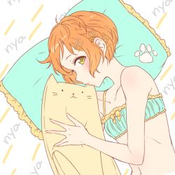 Rule 34 | 10s, 1girl, blush, bra, cat-shaped pillow, female focus, flat color, frilled pillow, frills, green eyes, hair ornament, hairclip, hairpin, holding, holding pillow, hoshizora rin, looking at viewer, love live!, love live! school idol project, lying, navel, nyan, on side, orange hair, paw print, pillow, short hair, solo, umeno (shio1205), underwear, underwear only, upper body, white background, x hair ornament