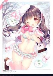 Rule 34 | 1girl, ;d, absurdres, bag, bare tree, bikini, blue bikini, blue sky, blush, boots, bow, box, breasts, brown footwear, brown hair, capelet, cloud, day, diagonal stripes, front-tie bikini top, front-tie top, fur-trimmed boots, fur-trimmed capelet, fur-trimmed mittens, fur trim, gift, gift box, hair bow, hair ornament, hairclip, hands up, heart, heart-shaped box, highres, holding, holding gift, layered bikini, long hair, medium breasts, mittens, navel, one eye closed, open mouth, original, outdoors, paper bag, pink bow, pink capelet, pink mittens, pink thighhighs, red eyes, scan, sky, smile, snow rabbit, snowing, solo, standing, standing on one leg, striped, swimsuit, thighhighs, tilted headwear, tree, twintails, wasabi (sekai), white headwear