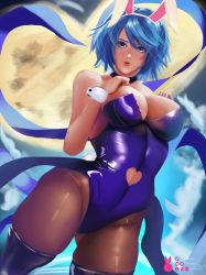 Rule 34 | absurdres, animal ears, aqua (kingdom hearts), bare shoulders, black pantyhose, blue eyes, blue hair, blush, boots, breasts, choker, cleavage, clothing cutout, dutch angle, fake animal ears, gluteal fold, hands on own chest, heart cutout, highres, huge filesize, kingdom hearts, kingdom hearts iii, large breasts, leotard, lips, looking at viewer, mirai hikari, pantyhose, playboy bunny, purple footwear, purple leotard, rabbit ears, rabbit tail, short hair, skindentation, solo, strapless, strapless leotard, tail, thigh boots, thighhighs, twitter username, watermark, wide hips, wrist cuffs