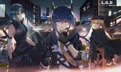 Rule 34 | 3girls, animal ears, arknights, armband, armor, beret, black gloves, black headwear, black jacket, black legwear, black pants, black shirt, blonde hair, blood, blood on face, blue hair, breastplate, breasts, building, car, caution tape, ch&#039;en (arknights), city, collared shirt, copyright name, cowboy shot, dragon horns, drill hair, facial scar, fingerless gloves, glint, gloves, green hair, hair between eyes, hannya (arknights), hat, holding, holding shield, horns, hoshiguma (arknights), jacket, jacket on shoulders, keep out, lococo:p, long hair, looking at viewer, medium breasts, motor vehicle, multiple girls, necktie, open clothes, open jacket, open mouth, orange eyes, outdoors, pants, police, police car, rain, revision, scar, scar on cheek, scar on face, shield, shirt, side drill, skin-covered horns, sleeveless, sleeveless shirt, swire (arknights), tail, thighhighs, thighs, tiger ears, tiger tail, turtleneck, twin drills, twintails, walkie-talkie, white shirt, wing collar, yellow eyes, yellow neckwear