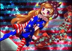 Rule 34 | 1girl, american flag dress, american flag legwear, blonde hair, blush, border, clownpiece, dutch angle, hat, jester cap, long hair, looking at viewer, nomayo, open mouth, pantyhose, print pantyhose, purple eyes, shirt, short sleeves, smile, solo, star (symbol), striped background, striped clothes, striped pantyhose, touhou