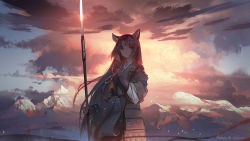 Rule 34 | 1girl, animal ears, arknights, black hair, cloud, cloudy sky, dog ears, dog girl, evening, han yijie, highres, holding, holding weapon, long hair, looking to the side, mountain, mountainous horizon, parted bangs, saga (arknights), sky, solo, traditional clothes, very long hair, weapon