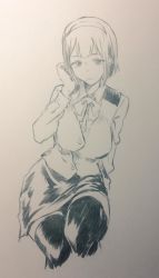 Rule 34 | 1girl, breasts, character request, closed mouth, collared shirt, commentary request, kotoyama, looking at viewer, monochrome, shirt, short hair, simple background, skirt, solo, thighhighs