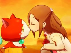 Rule 34 | 10s, 1boy, 1girl, animal, blush, blush stickers, brown hair, cat, closed eyes, creature, flame-tipped tail, from side, fusasa, good end, haramaki, hetero, interspecies, jibanyan, kiss, kissing animal, long hair, miniskirt, nyakb, ohshioyou, orange sky, outdoors, palm tree, profile, sidelocks, size difference, skirt, sky, squatting, traditional youkai, tree, upper body, youkai watch