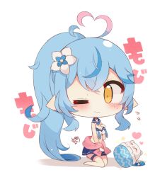Rule 34 | 1girl, ahoge, bare arms, bare shoulders, barefoot, bikini, blood, blue hair, blue sailor collar, blue skirt, blush, breasts, brown eyes, chibi, cleavage, closed mouth, daifuku (yukihana lamy), flying sweatdrops, full body, hair between eyes, heart, heart ahoge, hololive, long hair, looking at viewer, medium breasts, multicolored hair, muuran, nosebleed, one eye closed, pink scarf, pleated skirt, pointy ears, ponytail, sailor collar, scarf, shadow, signature, skirt, solo, streaked hair, swimsuit, translation request, very long hair, virtual youtuber, wavy mouth, white background, white bikini, yukihana lamy