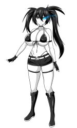 Rule 34 | 1girl, absurdres, alternate breast size, belt, bikini, bikini top only, black eyes, black gloves, black hair, black rock shooter, black rock shooter (character), black shorts, blue eyes, boots, breasts, fingerless gloves, flaming eye, gloves, glowing, glowing eye, highres, large breasts, long hair, midriff, navel, nya0117, pale skin, scar, short shorts, shorts, solo, swimsuit, twintails, uneven twintails, very long hair