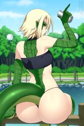 Rule 34 | 1girl, arm support, ass, bare shoulders, black tube top, blonde hair, blue sky, can, closed mouth, commission, fingernails, from behind, highres, holding, holding can, lake, lindaroze, liz (monster musume), lizard tail, looking back, monster girl, monster musume no iru nichijou, reptile girl, scales, sharp fingernails, short hair, sideways mouth, sitting, sky, smile, solo, strapless, tail, tree, tube top, water, wide hips
