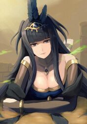 Rule 34 | 1girl, absurdres, bare shoulders, black eyes, black hair, blunt bangs, bracelet, breasts, bridal gauntlets, cleavage, closed mouth, feather hair ornament, feathers, fire emblem, fire emblem awakening, fire emblem heroes, gold, gold trim, hair ornament, highres, jewelry, labebebe lee, large breasts, light smile, long hair, looking at viewer, lying, neck ring, nintendo, official alternate costume, on stomach, solo, tharja (fire emblem), tharja (plegian) (fire emblem), the pose, tiara, two side up
