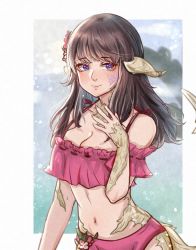 Rule 34 | 1girl, absurdres, akira-tama, au ra, warrior of light (ff14), bikini, border, breasts, brown hair, butterfly tattoo, cleavage, dragon horns, dragon tail, facial mark, fictional persona, final fantasy, final fantasy xiv, flower, frilled bikini, frills, hair flower, hair ornament, highres, horns, long hair, looking to the side, medium breasts, navel, off-shoulder bikini, off shoulder, outside border, purple eyes, red bikini, scales, smile, solo, swept bangs, swimsuit, tail, tattoo, white border