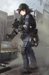 Rule 34 | 1girl, absurdres, animal, baseball cap, bird, black hat, blue jacket, blue pants, blue sky, blush, brown hair, building, closed mouth, cloud, commentary, cross, day, full body, gas mask, grey footwear, gun, handgun, hat, headphones, headset, highres, holding, holding gun, holding weapon, jacket, knee pads, looking away, mask, ndtwofives, outdoors, pants, pistol, ponytail, purple eyes, shoes, sig p220/p226, sig sauer, sky, smoke, smoke grenade, solo, stalker (game), standing, twitter username, unworn mask, v-shaped eyebrows, weapon, weapon request