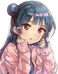 Rule 34 | 1girl, :o, bad id, bad pixiv id, blue hair, cardigan, clenched hands, commentary request, hair bun, head rest, highres, long hair, long sleeves, love live!, love live! sunshine!!, open mouth, pink cardigan, purple eyes, side bun, signature, simple background, single side bun, sleeves past wrists, solo, takenoko no you, tsushima yoshiko, upper body, white background