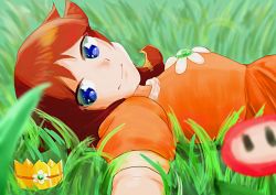 Rule 34 | 1girl, absurdres, blue eyes, breasts, brown hair, crown, dress, fire flower, grass, highres, looking at viewer, looking to the side, lying, mario (series), nintendo, orange dress, princess daisy, puffy short sleeves, puffy sleeves, short sleeves, smile, solo, super mario land, tomboy