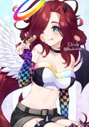 Rule 34 | 1girl, ;q, animal ears, asymmetrical wings, bare shoulders, belt, belt buckle, black choker, black shorts, black wings, breasts, brown belt, buckle, checkered gloves, choker, cleavage, closed mouth, collarbone, commentary, commission, demon girl, demon horns, demon wings, doughnut, elbow gloves, feathered wings, fingerless gloves, food, gloves, gradient gloves, green eyes, hair over one eye, hand up, holding, holding food, horns, long hair, medium breasts, mismatched wings, mole, mole on breast, navel, one eye closed, original, parted bangs, red hair, short shorts, shorts, sitting, skeb commission, smile, solo, spikes, strapless, thigh strap, tongue, tongue out, twitter username, very long hair, white wings, wings, yamabukiiro